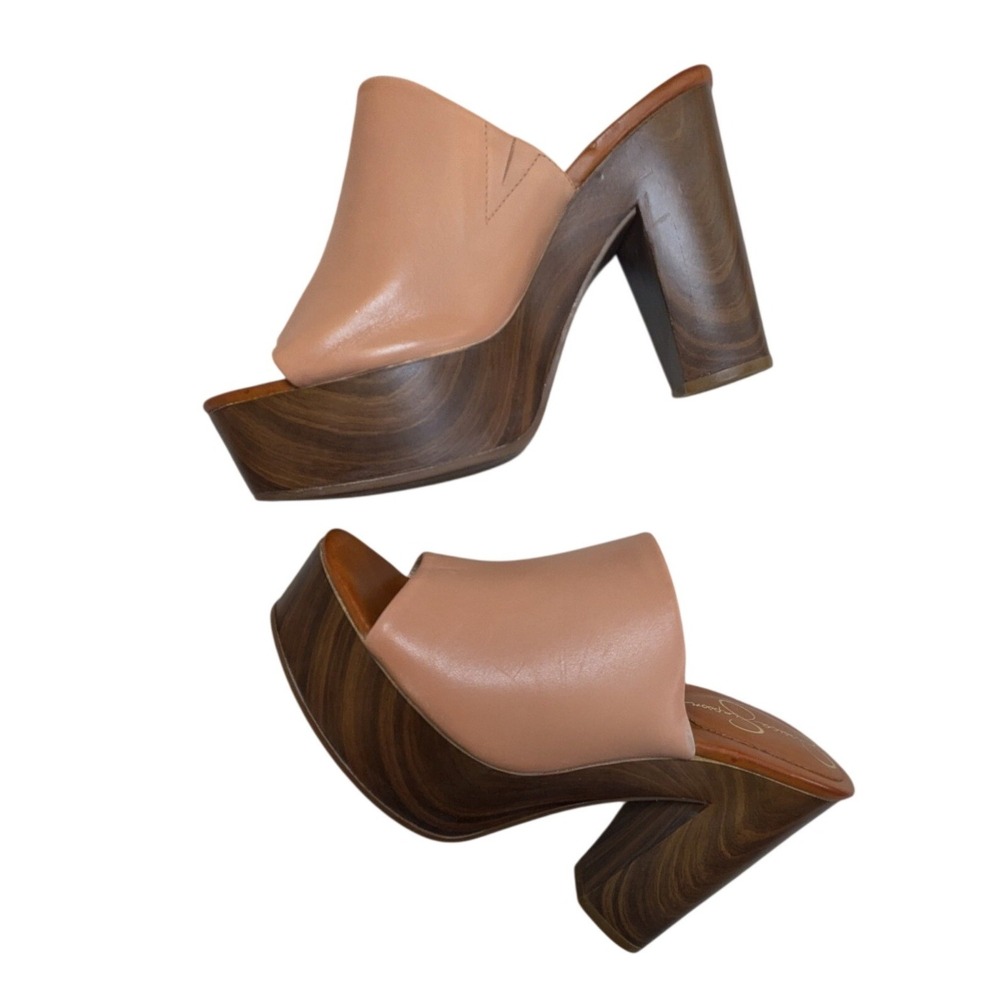 Jessica Simpson Tan Leather Platform Mules Wood Grain Block Heel Slides Size 9M